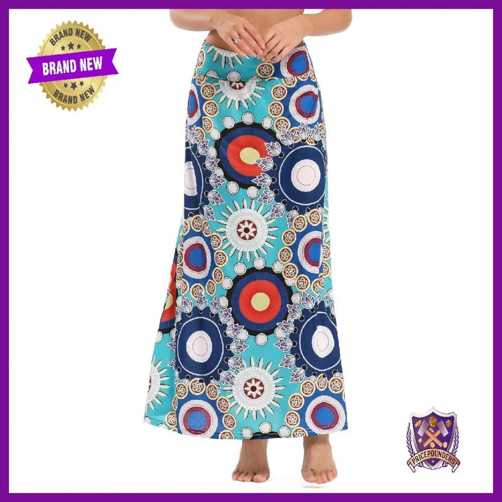 Long Maxi Skirt Elastic Waist Bohemian Print Lightweight Casual - Picture 8 of 8